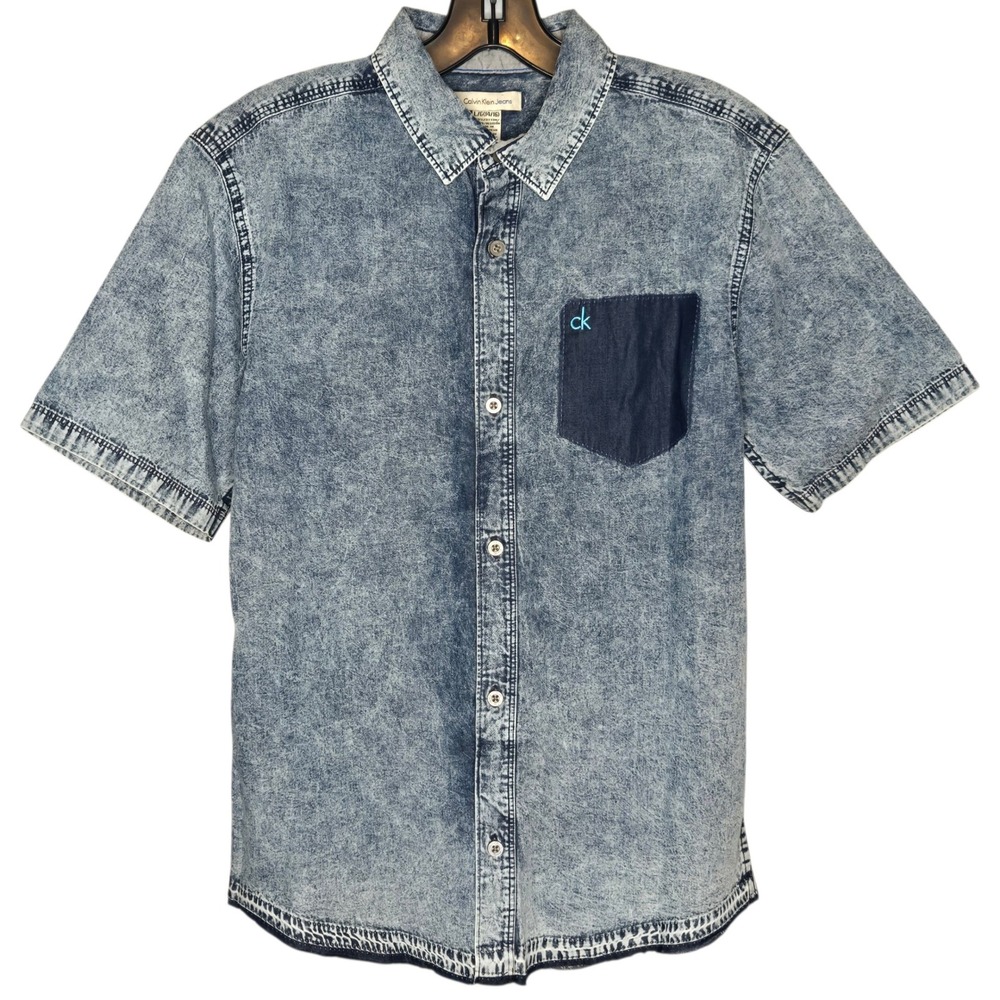 Calvin Klein Acid Wash Denim Button Down Shirt L 14/16 Y2K Retro 90s Streetwear